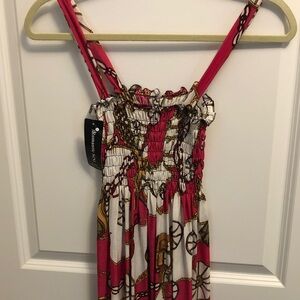 Romantic Sini Women’s Pink with Wagons & Chains Fit & Flare Sun Dress Large NWT